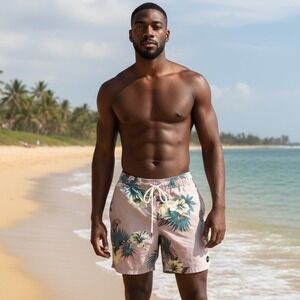 RVCA Floral Swim Trunks Mens Size S Pink Green Yellow Tropical Beach Shorts